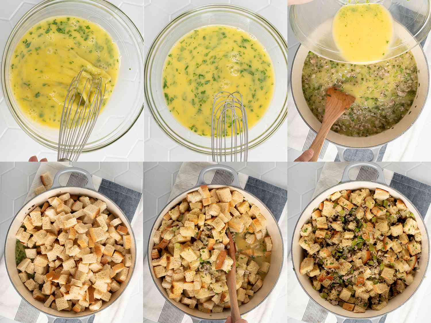 A six-image collage showing the eggs and herbs being beaten, added to the dutch oven full of cooked meat and vegetables, and then mixed with cubed bread.