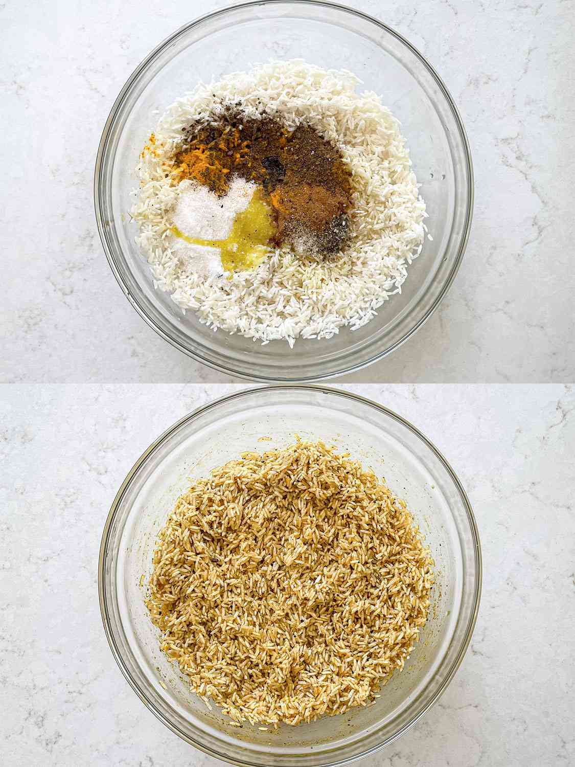 两幅图片拼贴:碗里盛着米饭，上面放着香料;掺有香料的米饭