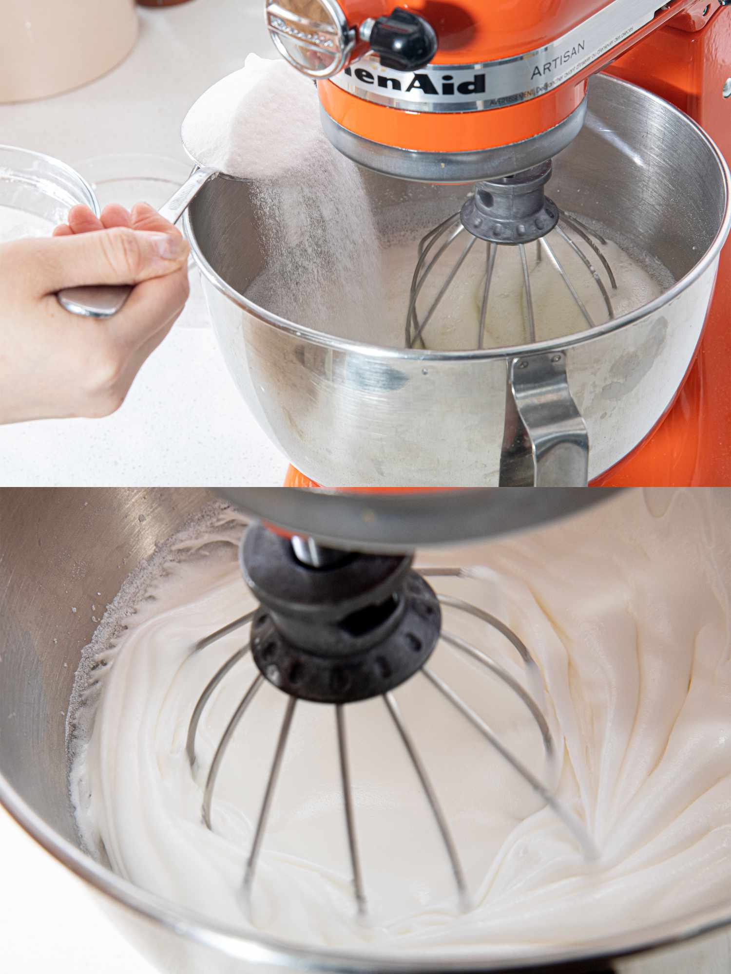 两张拼贴图是将糖加入立式搅拌器和往碗里看
