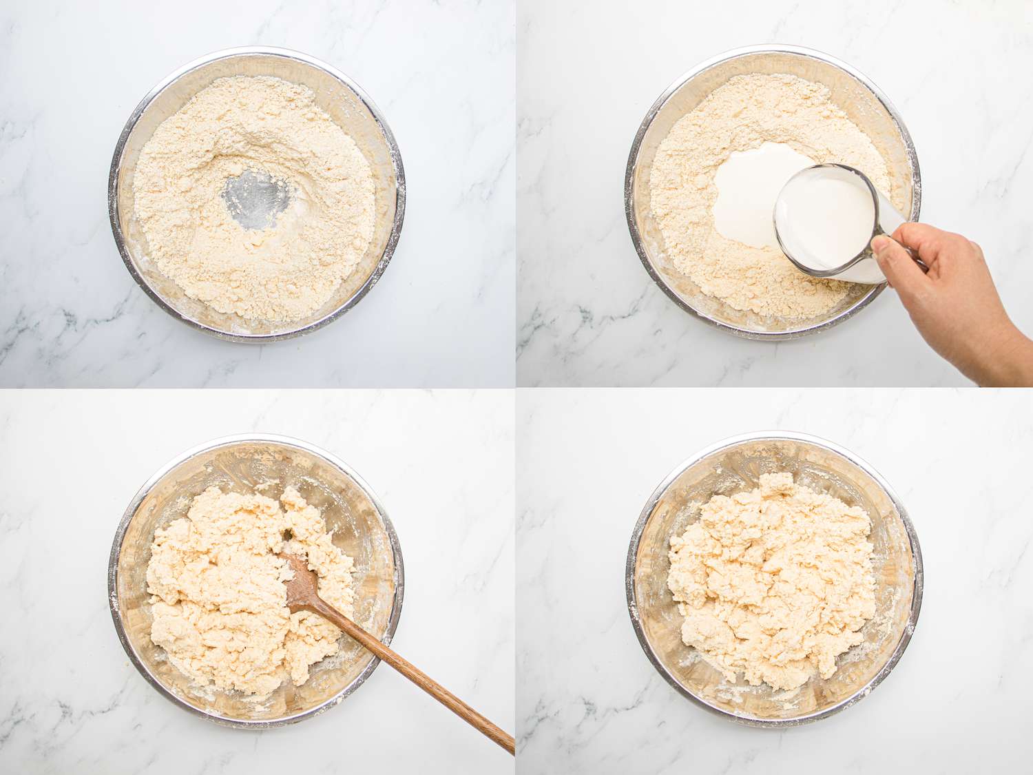 四个图像放大e collage of adding cream to flour
