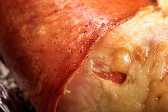 Close up of a suckling pig's crispy skin.