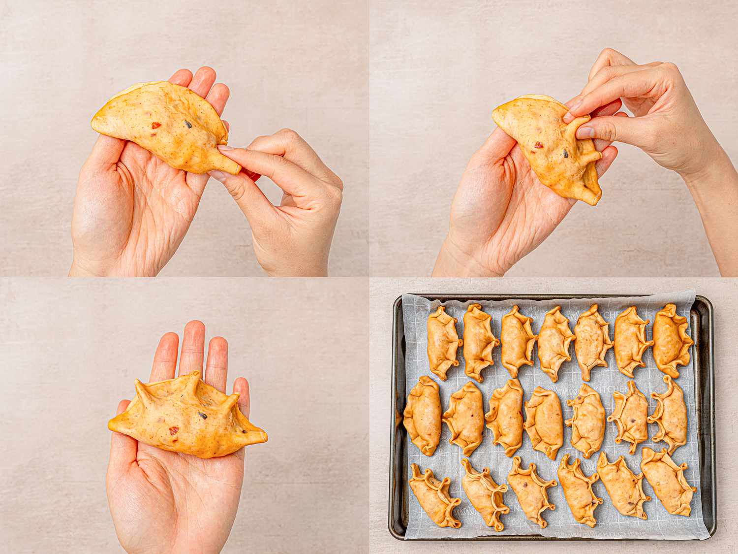 Four image collage of pinching dough edges together to form sun shaped empanadas