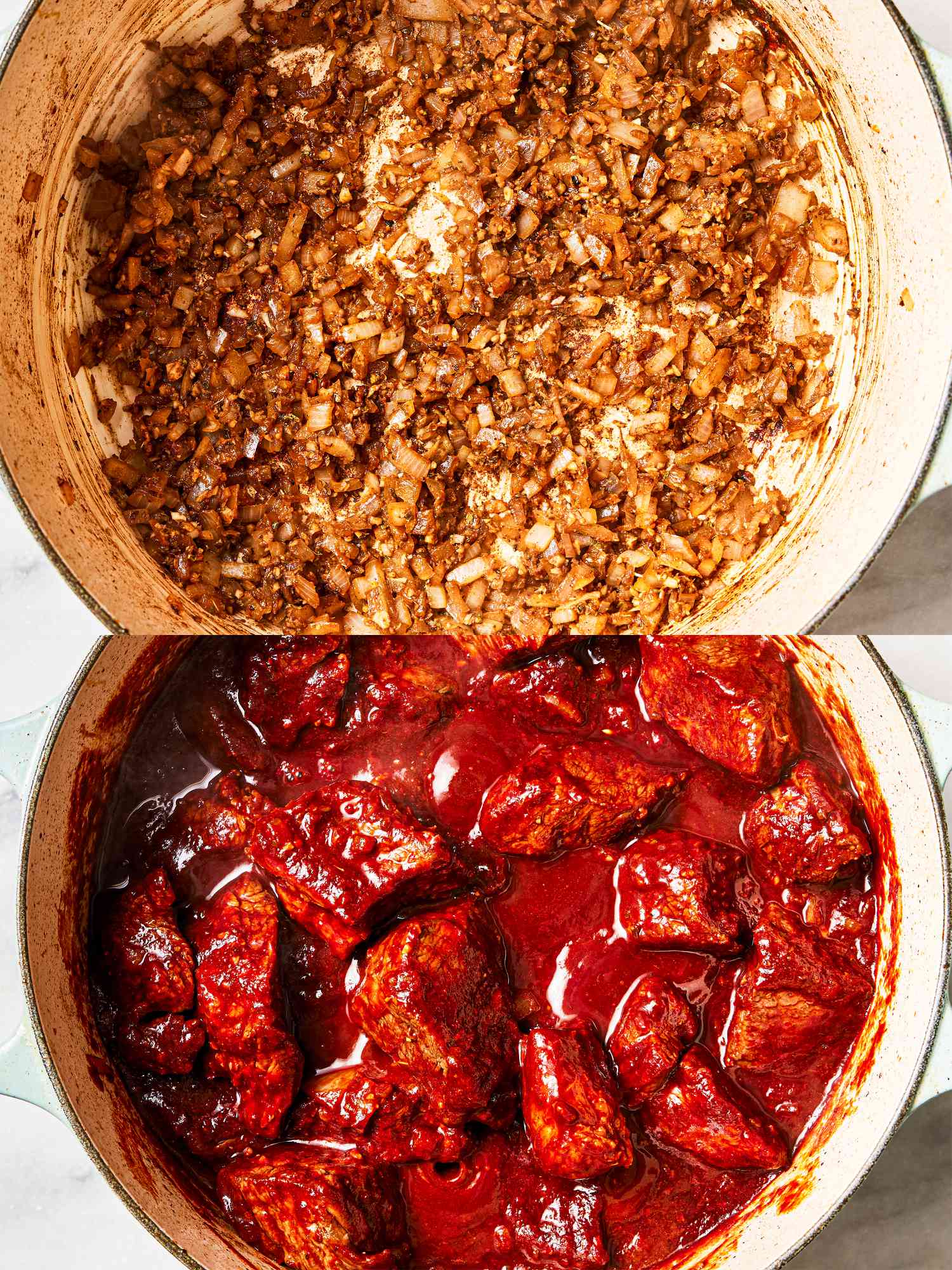 Two image collage of onions frying in a dutch oven and meat and liquid added to dutch oven