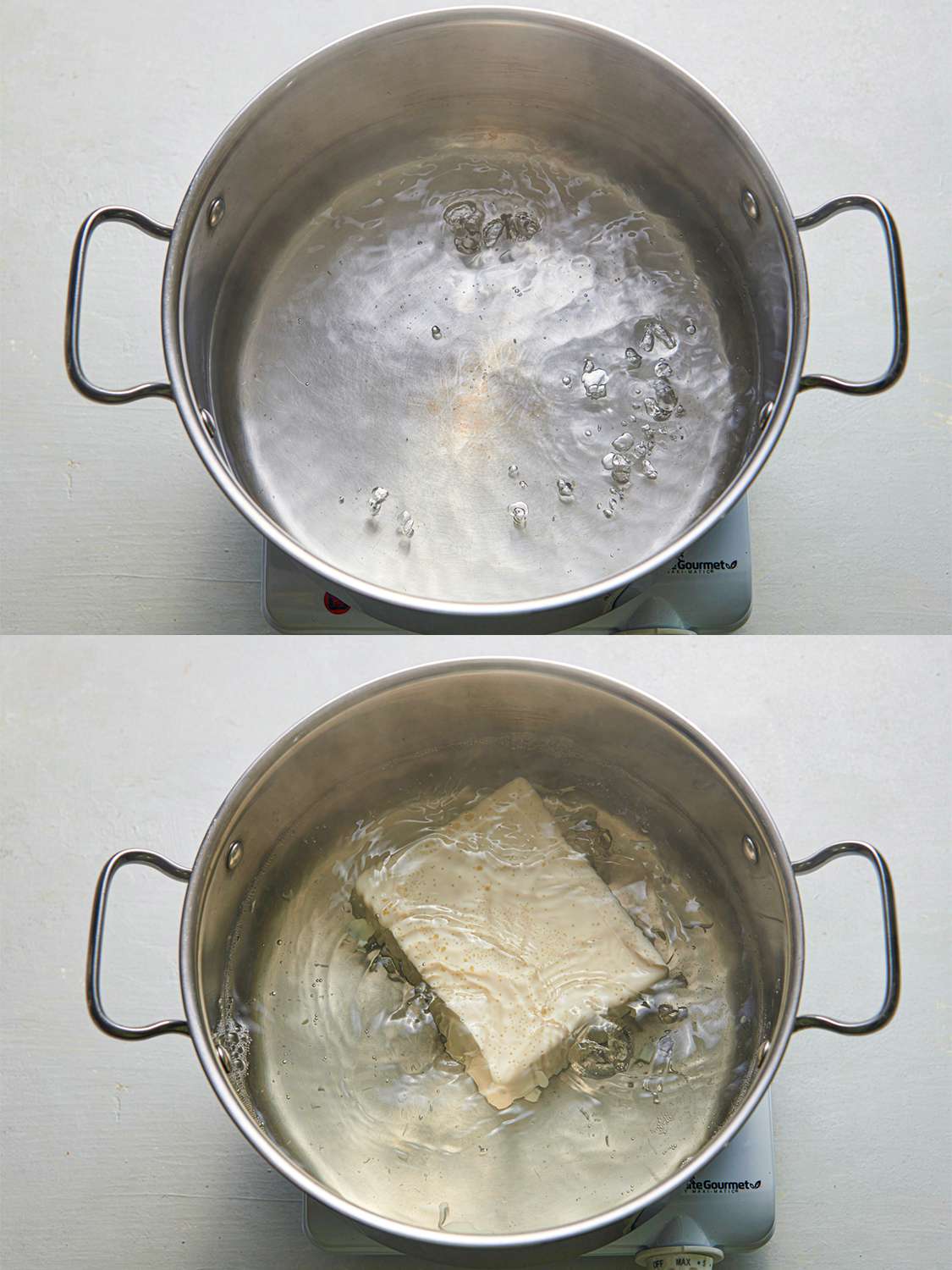 A two-image collage. The top image shows a stainless steel pot holding simmering water. The bottom image shows the pot how holding a block of silken tofu.