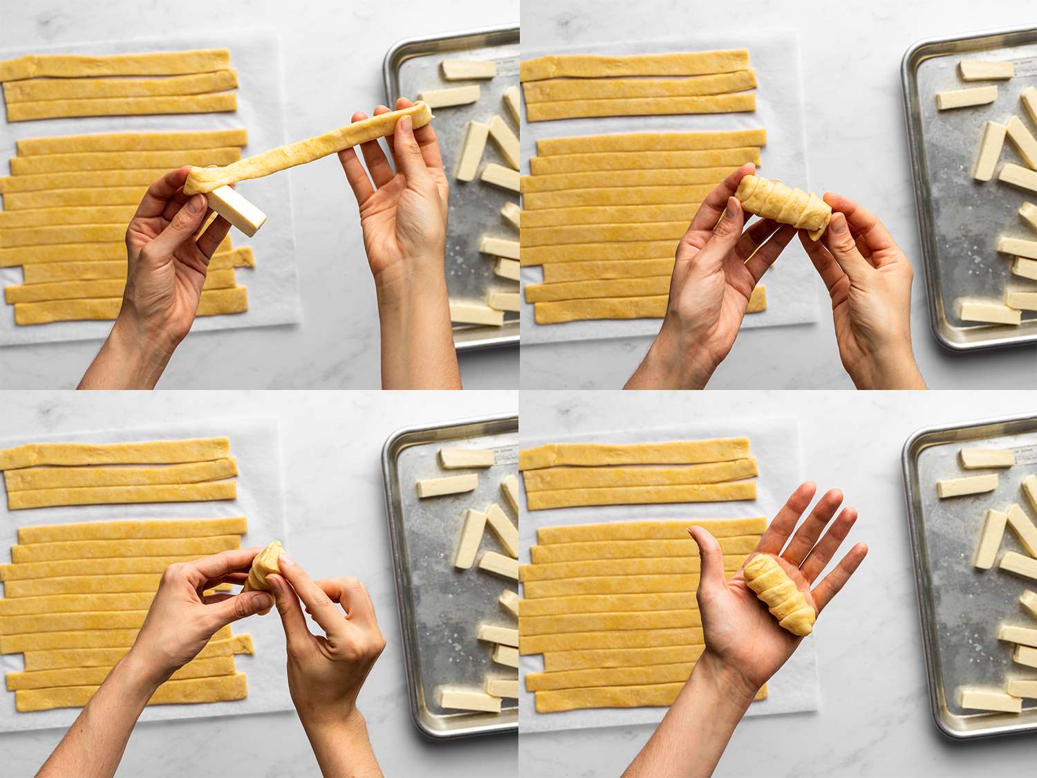 一幅四幅图片的拼贴画，展示了一块奶酪被包裹在一条切好的面团中。