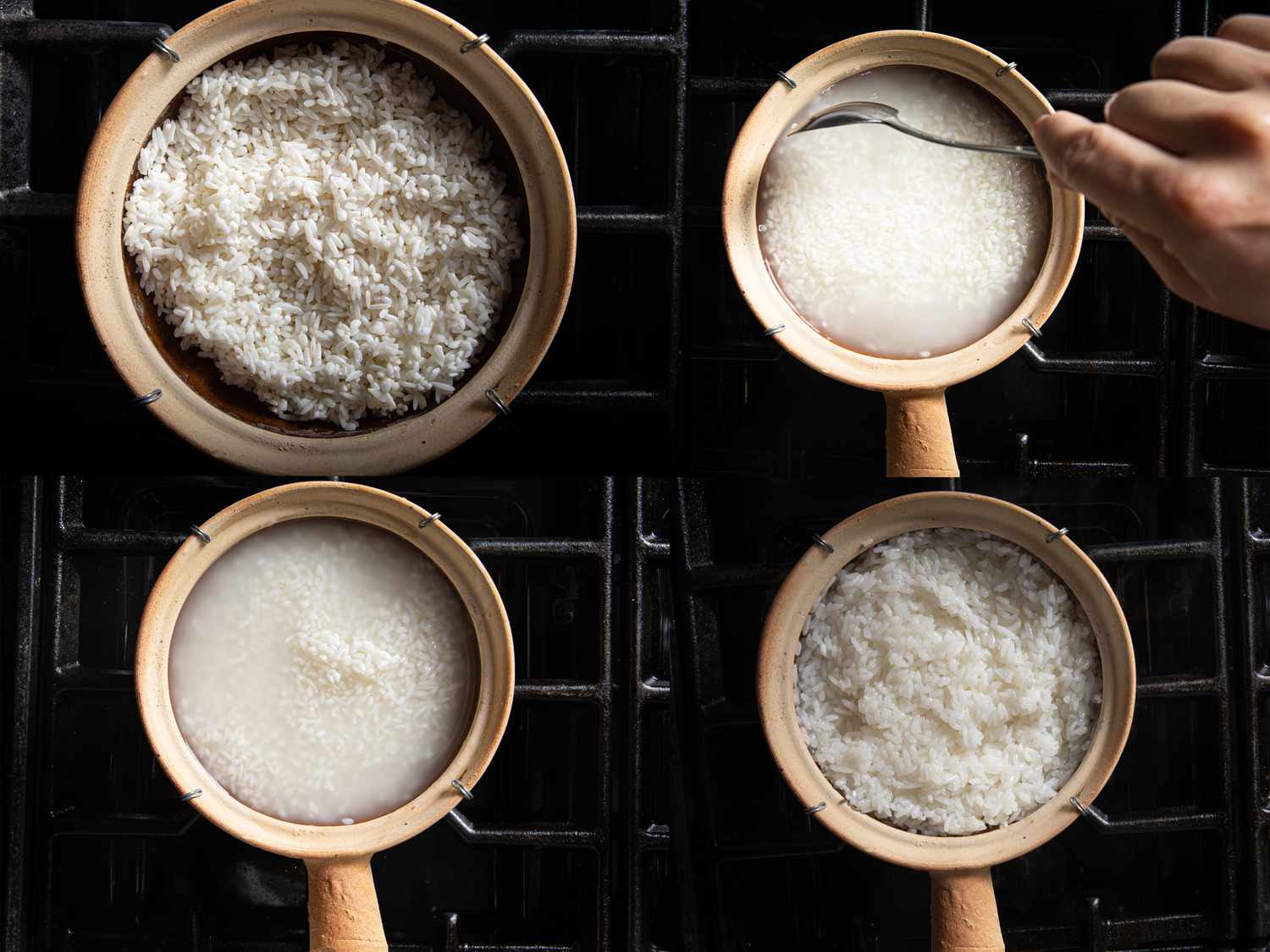 Four different stages of rice being cooked in a Cantonese clay pot.