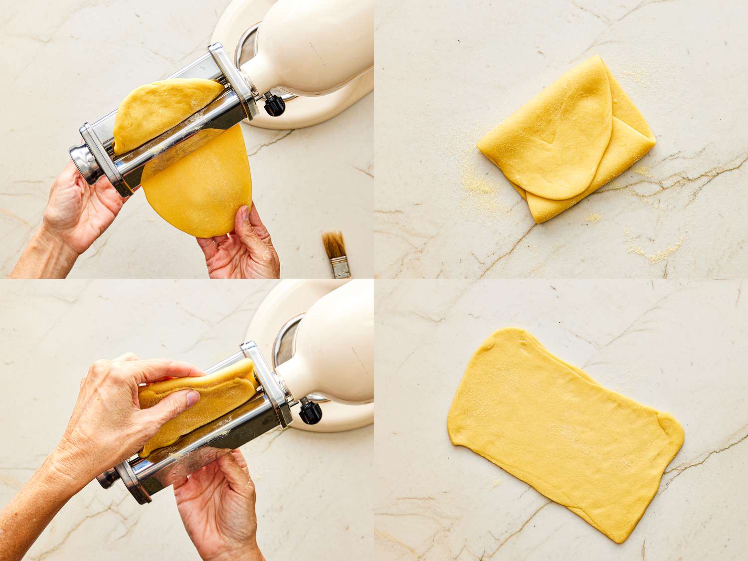 Four image collage of dough being flatten through a pasta machine