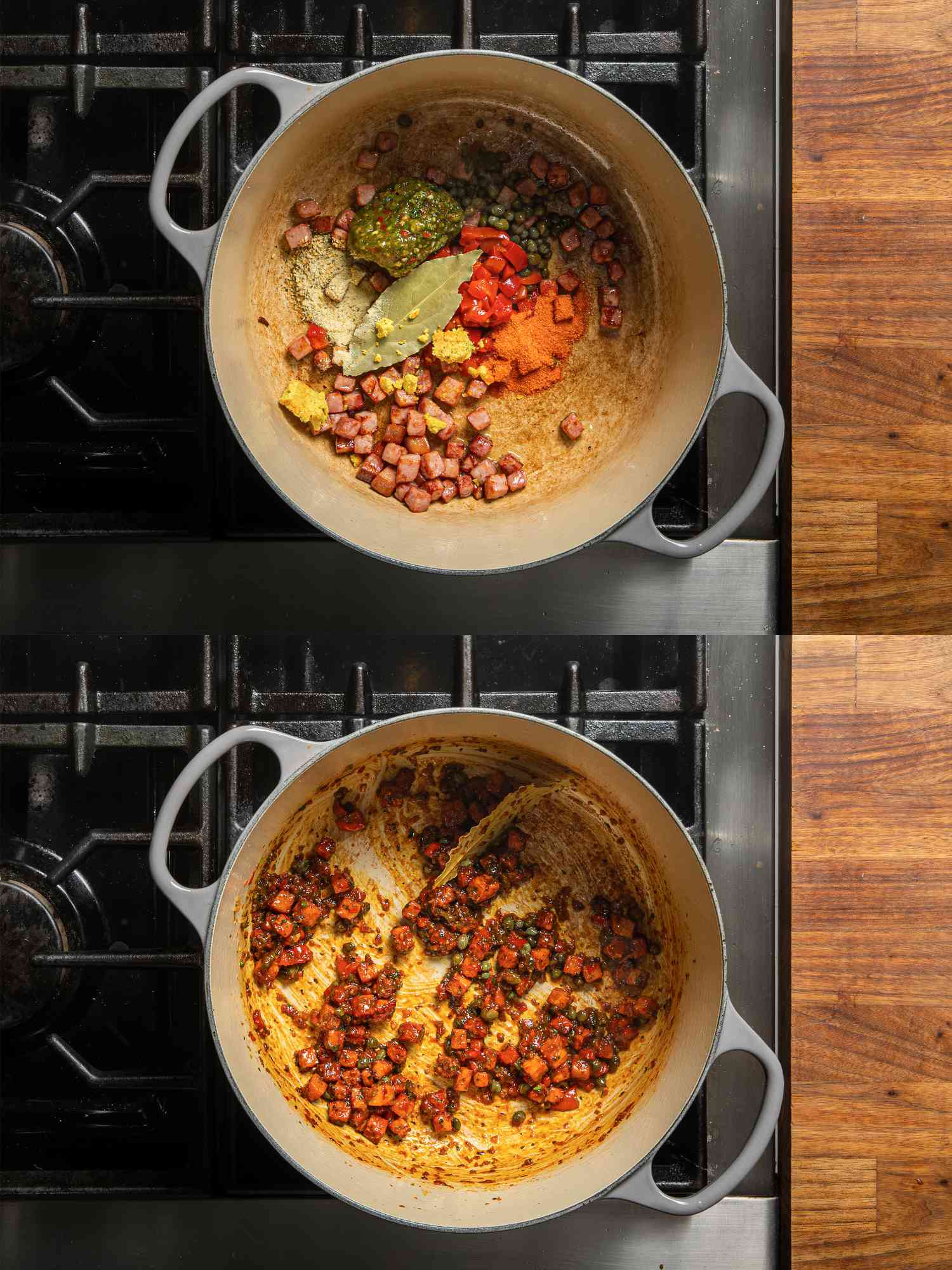 两幅图像拼贴的调味料加入火腿中，前后拌匀