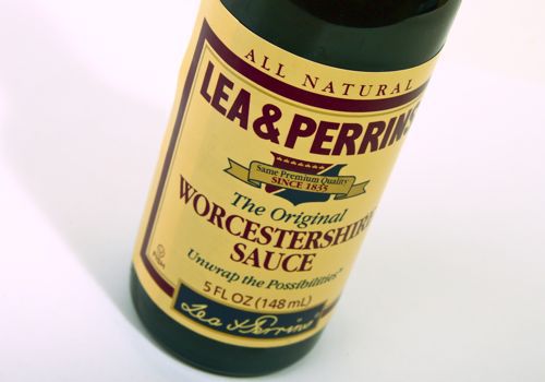 Worcestershire sauce against white background.