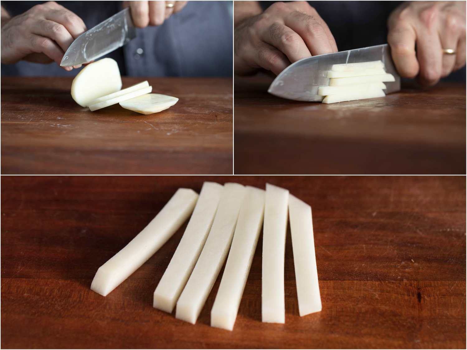 处理用一把刀切炸薯条土豆条的照片:切片，切成条，成品棒