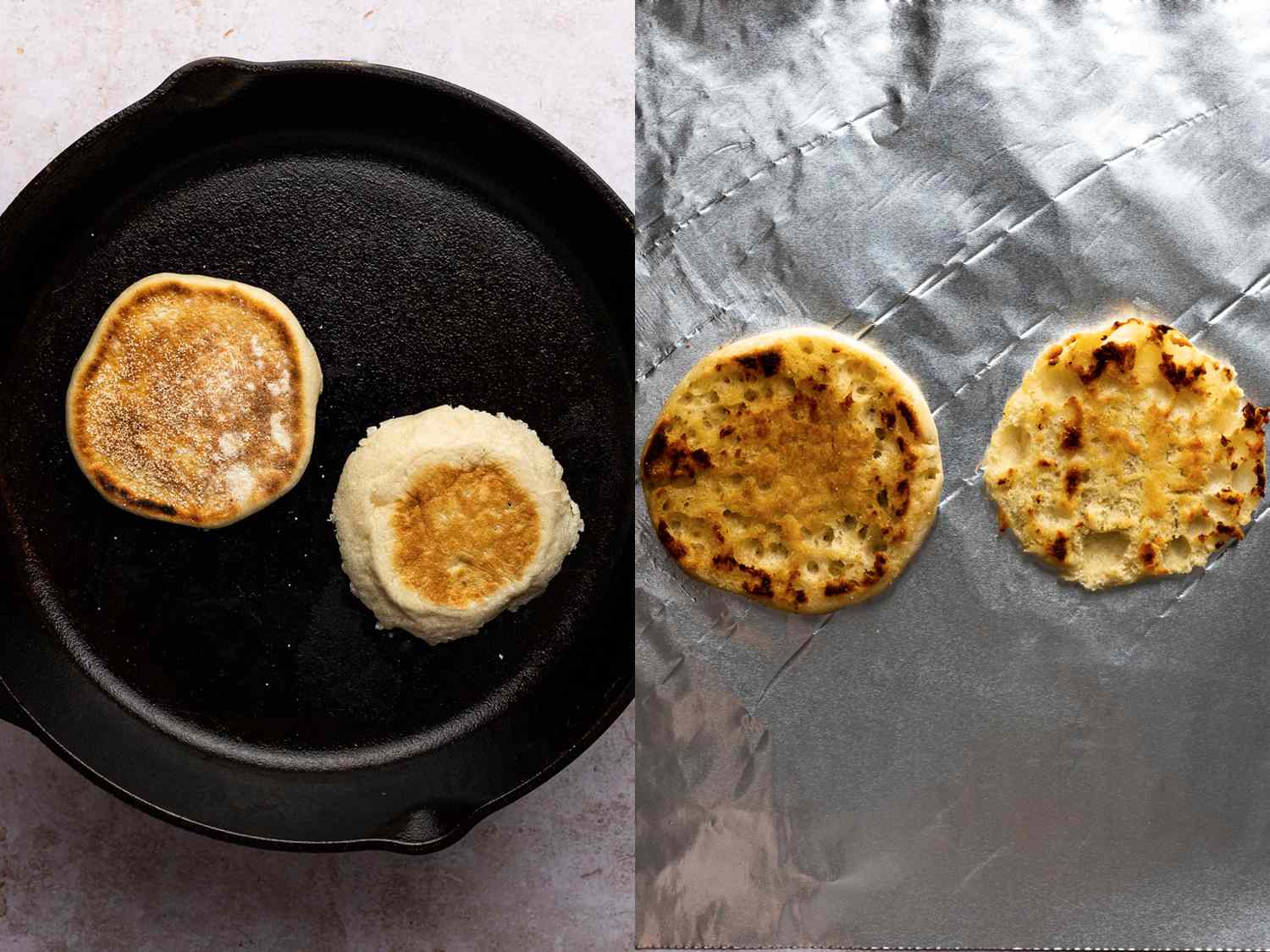 两幅图像的拼贴画。左边的图片显示了一个被切开的英式松饼在铸铁煎锅里烤。右边的图片显示的是一张一分为二的英式松饼，一面朝上烤，放在铝箔纸上。