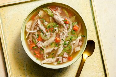 Overhead view of leftover turkey soup