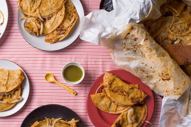 Overhead shot of Tacos de Canasta plated up