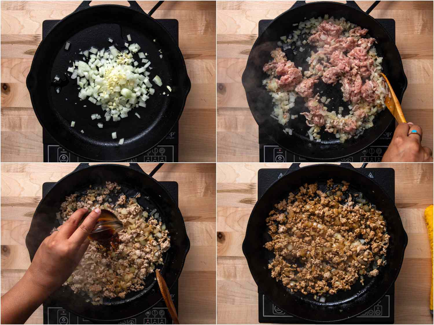 拼贴画:洋葱和大蒜烹饪;绞肉加入;倒入酱油;一切都混合在一起，变成棕色gydF4y2Ba