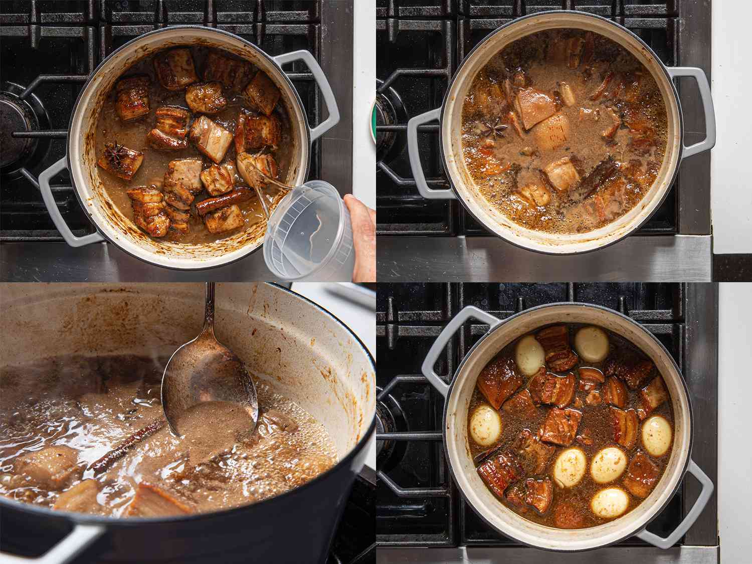 四幅画面拼贴:往五花肉里加水，锅沸，撇去锅盖上多余的水，往锅里加鸡蛋