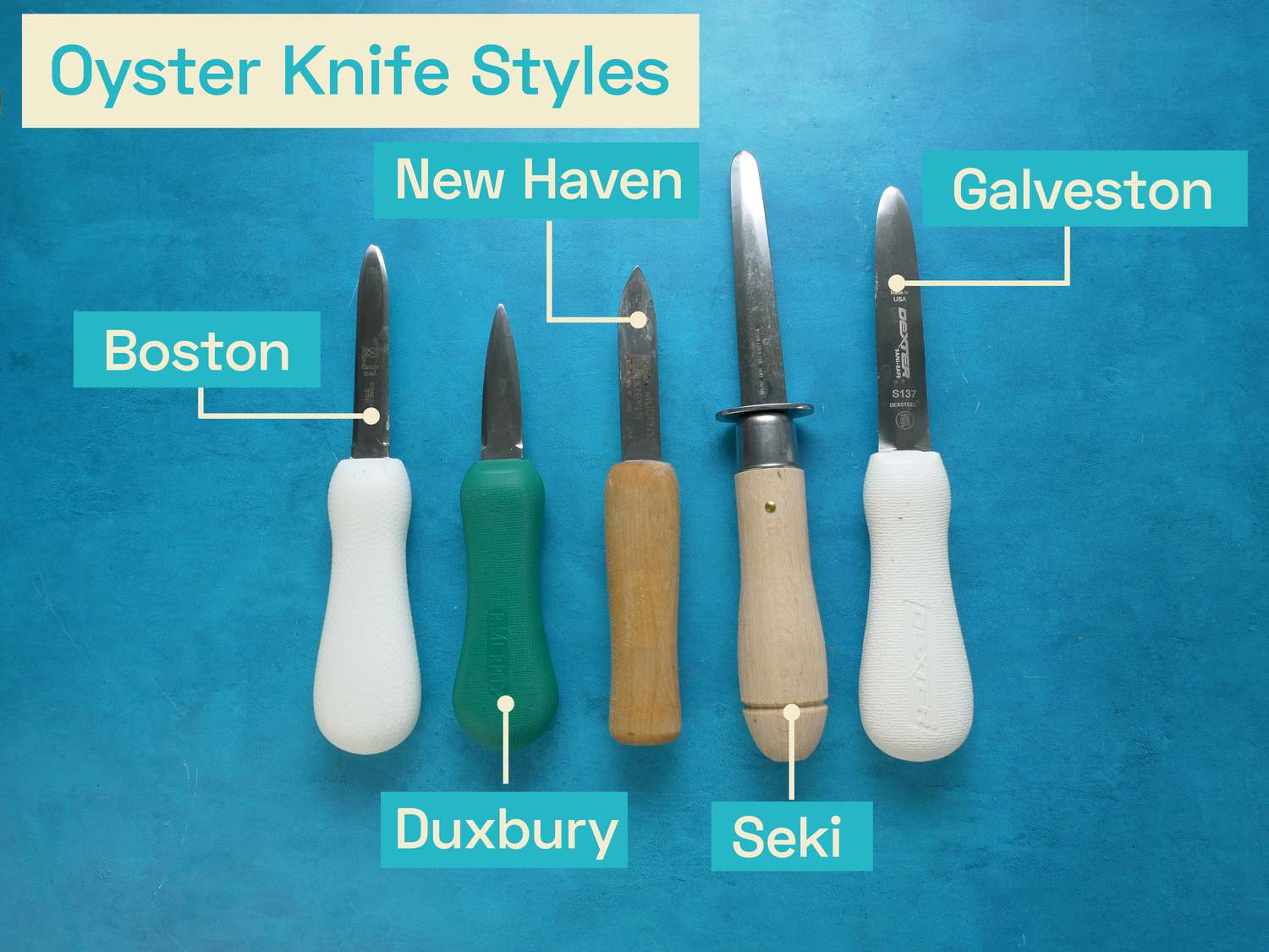 different styles of oyster knives tested: boston, duxbury, new haven, seki, galveston