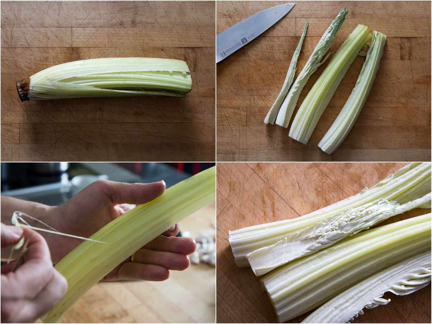 拼贴四张清洁卡顿的照片:整棵蔬菜，切成茎，去除纤维线，和四根清洁的卡顿的茎。gydF4y2Ba