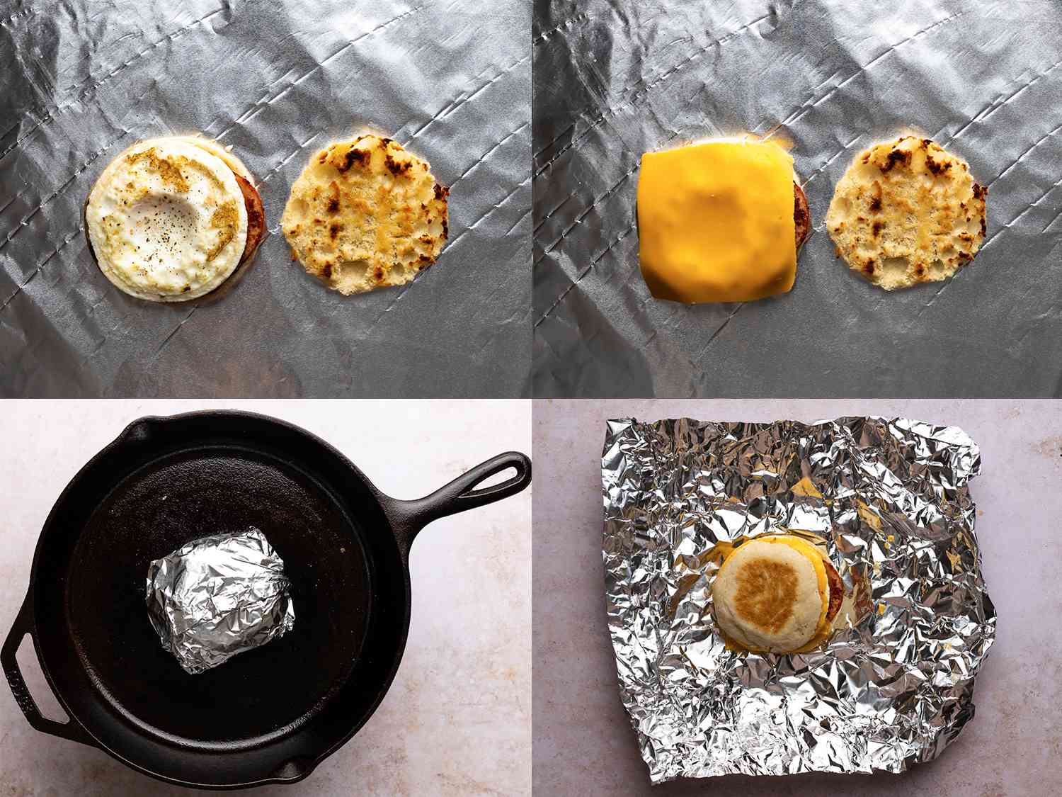 一张四张图片的拼贴画展示了蛋松饼的最终结构。左上角的图片显示了鸡蛋松饼的左侧，上面是煮熟的鸡蛋。右上方的图片显示，鸡蛋上盖了一片美国奶酪。左下角的图片展示了用铝箔纸包裹的完整三明治，放在铸铁煎锅上加热。右下方的图片显示的是打开包装的蛋松饼，放在铝箔纸上。