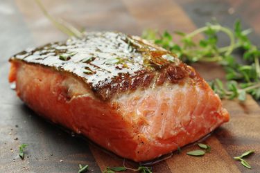 A skin-on salmon fillet that has been cooked sous vide and then seared.