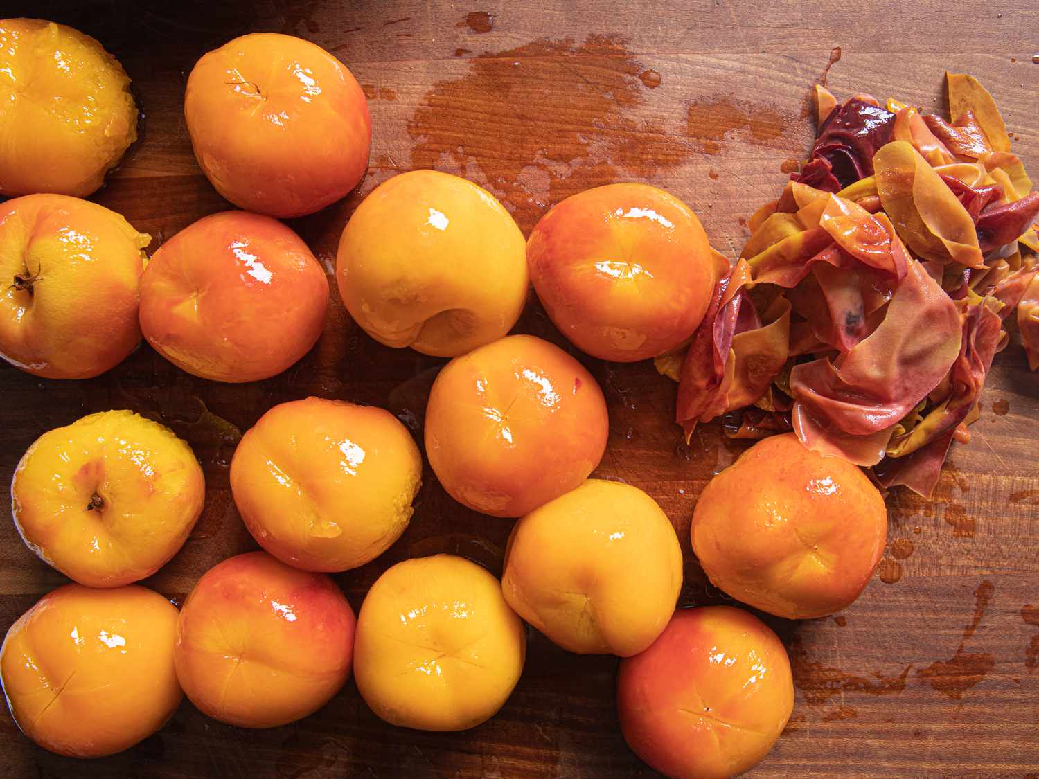 OVerhead view of peeled peaches