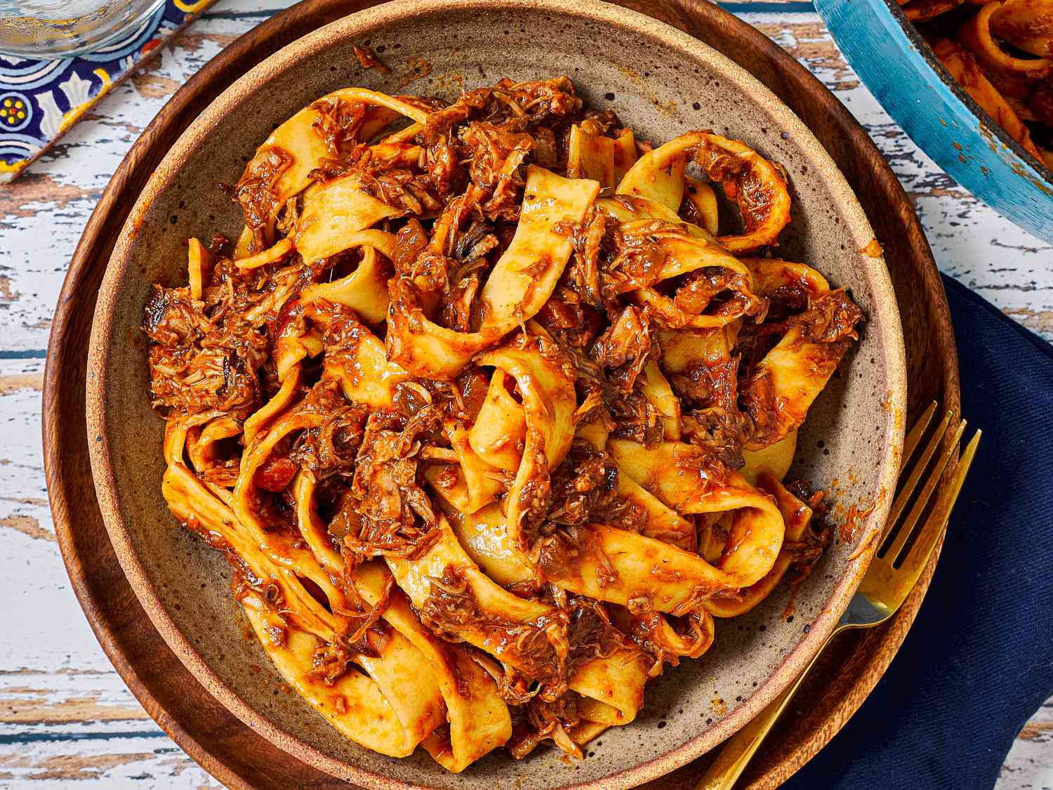 Close up view of pappardelle with pork