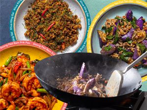 Collage of three stir fry dishes and eggplant being tossed in a wok