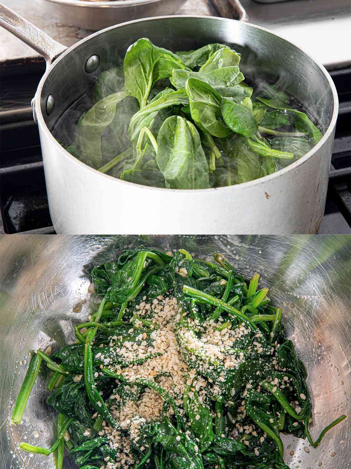 两张图片拼贴，分别是煮菠菜和菠菜的配料