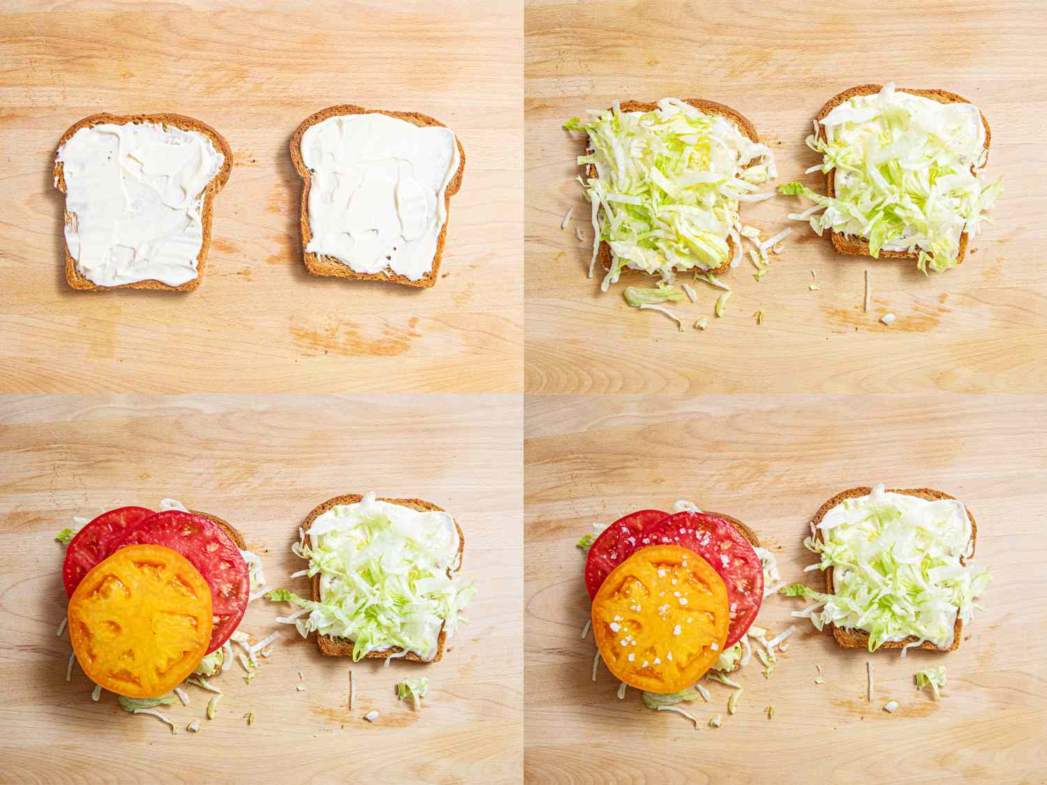 四个图像拼贴。所有的图片都是两片涂了蛋黄酱的面包，展示了制作blt的过程，两边加生菜，一边加番茄，然后用盐腌制西红柿。