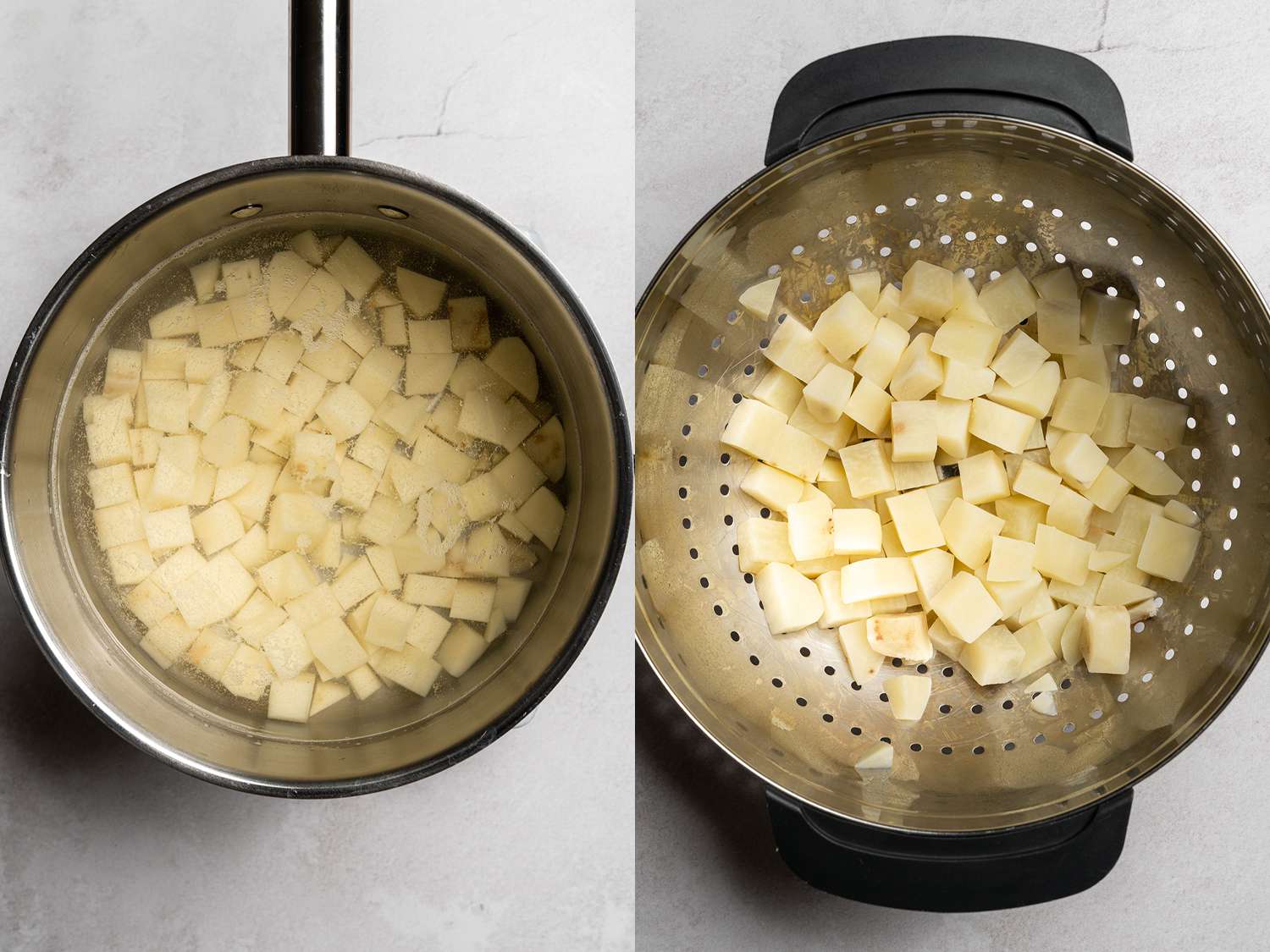 把土豆放在一锅水里，然后倒入滤锅