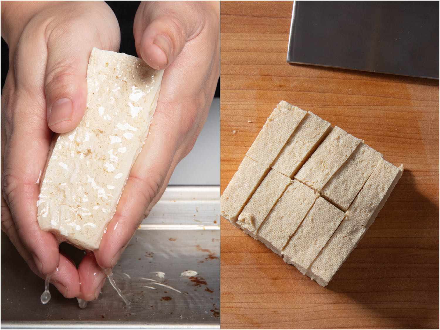 Side by side photographs showing squeezing of thawed frozen tofu and same block of tofu cut into equal size pieces