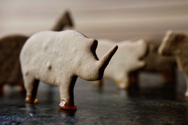 Closeup of a homemade rhino-shaped animal cracker, propped upright to look like it's standing.