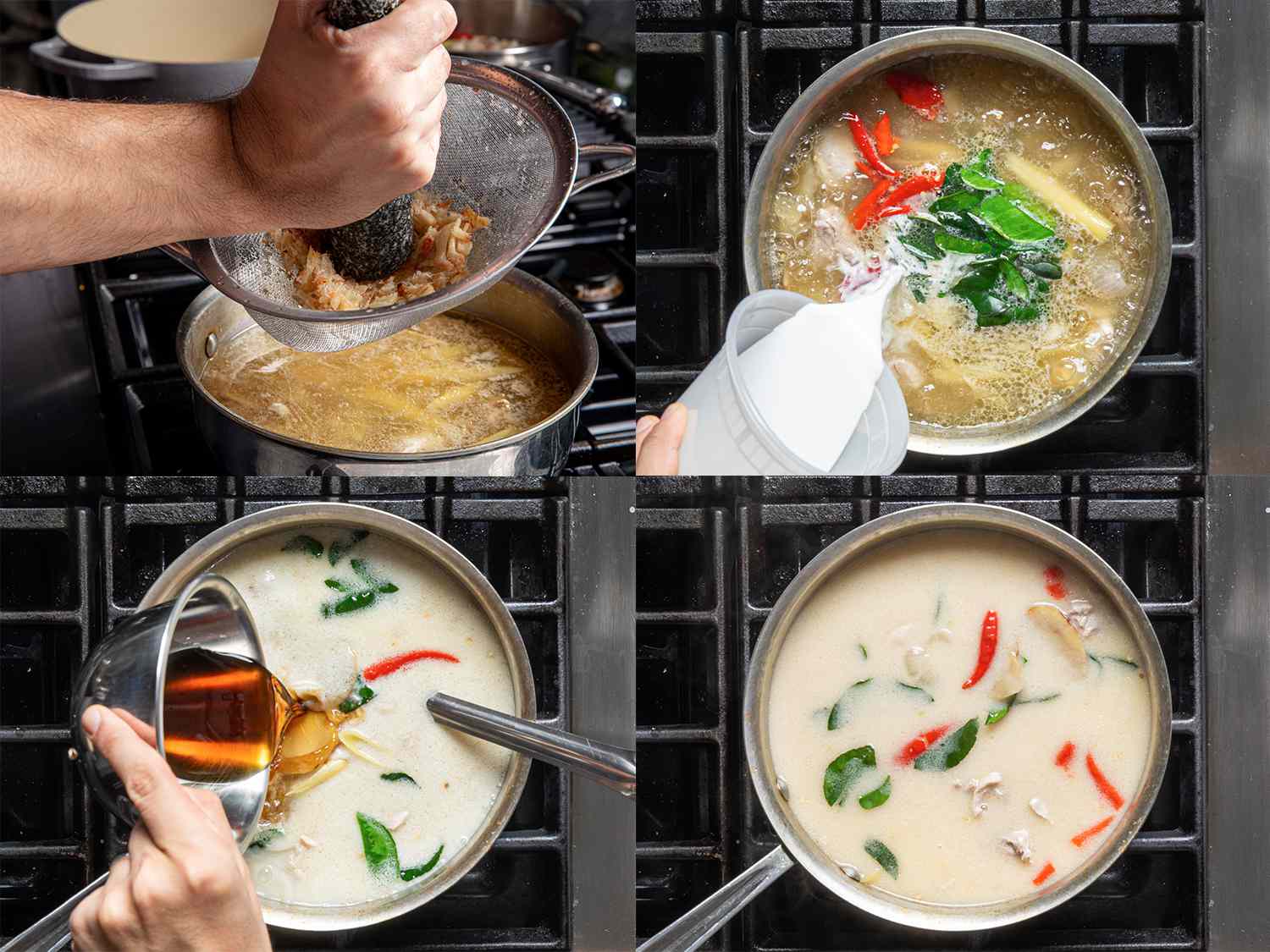 四个图像拼贴。左上:过滤好的食材被推到过滤器上，以便华体会应用下载尽可能多的榨汁到高汤中。右上:加入椰奶。左下:添加的鱼露。右下:在炉子上的锅里煮好的汤