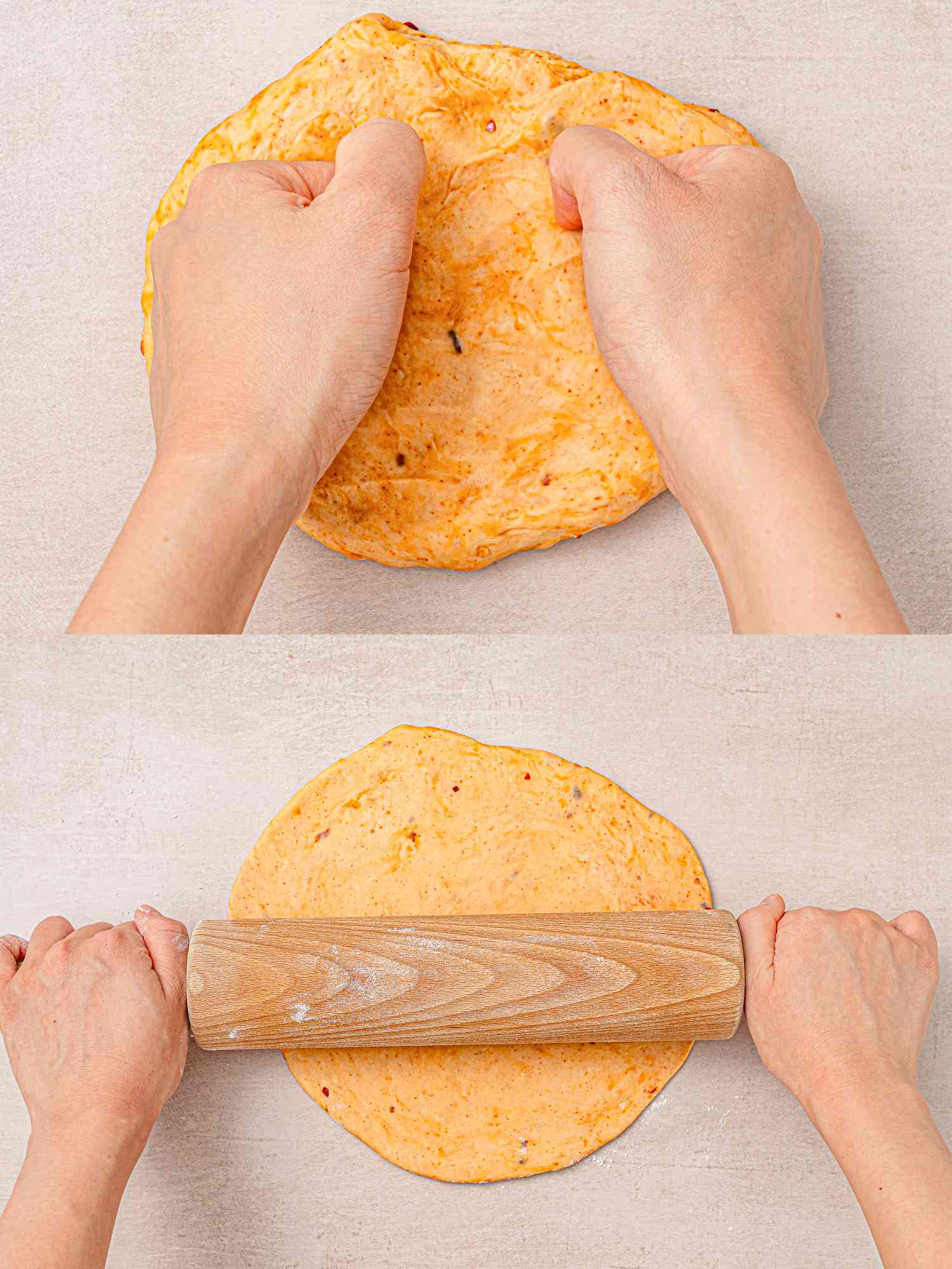 Two image collage of pushing dough down with fists and rolling out with a rolling pin