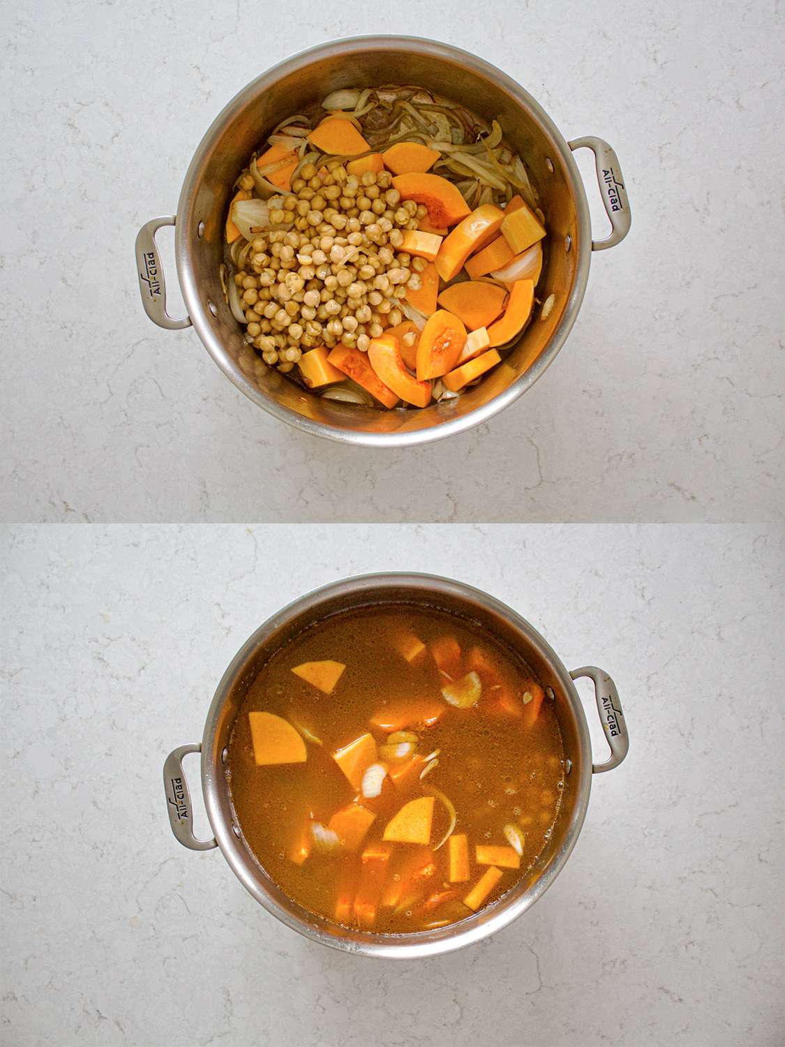 Two Image collage. Top: Butternut Squash mixed with onions and chickpeas. Bottom: butternut squash mixture cooking in stock