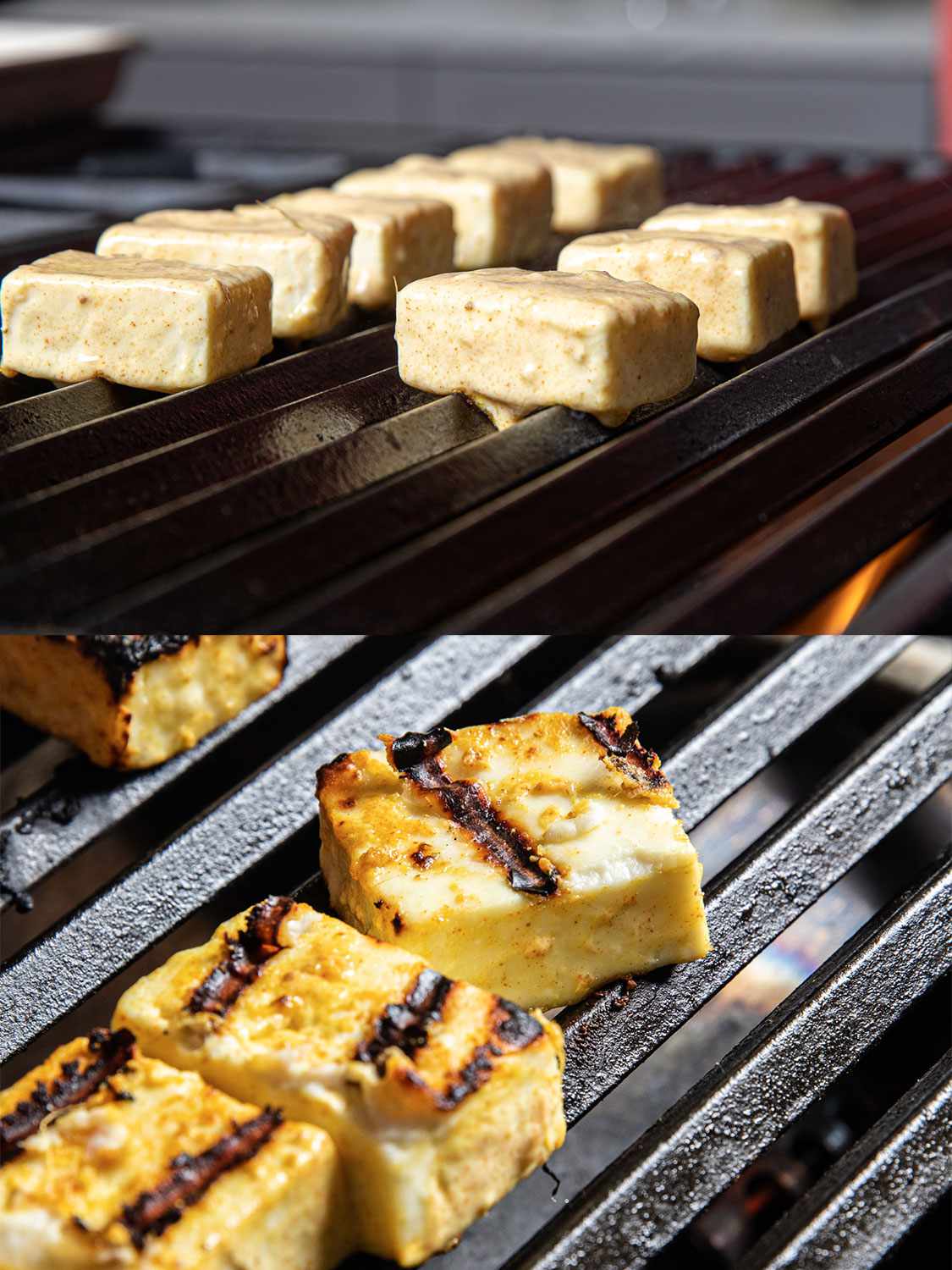 两个图像拼贴。上图:从侧面看，烤着的腌好的奶酪。下:烤架上烤的奶酪，露出烧烤的痕迹