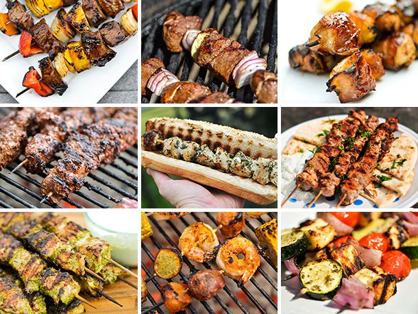 A nine-image collage showing different types of grilled kebabs.