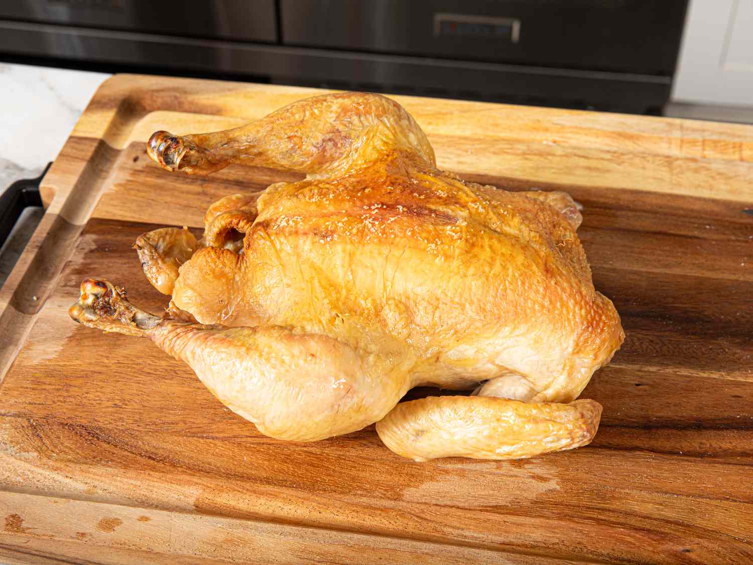 Overhead view of a simple roast chicken