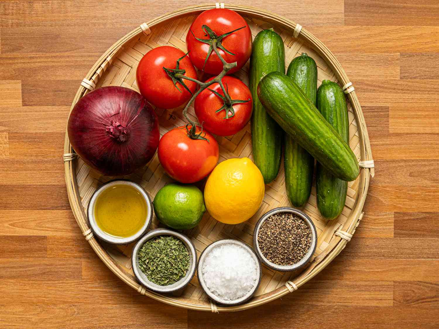 Overhead view of ingredients in shirazi salad