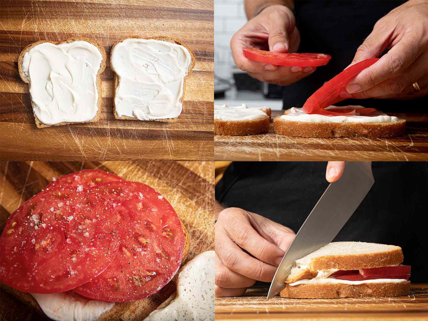 Four Image Collage. Top Left: two pieces of bread covered in mayo. Top Right: Two hands placing tomatoes on bread, viewed from the side. Bottom left: close up of tomatoes with salt and pepper. Bottom Right: Side view of tomato sandwich being cut on the diagonal