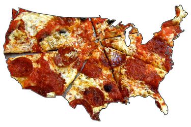 Photo illustration of a map of the United States overlaid with a sliced pepperoni pizza.