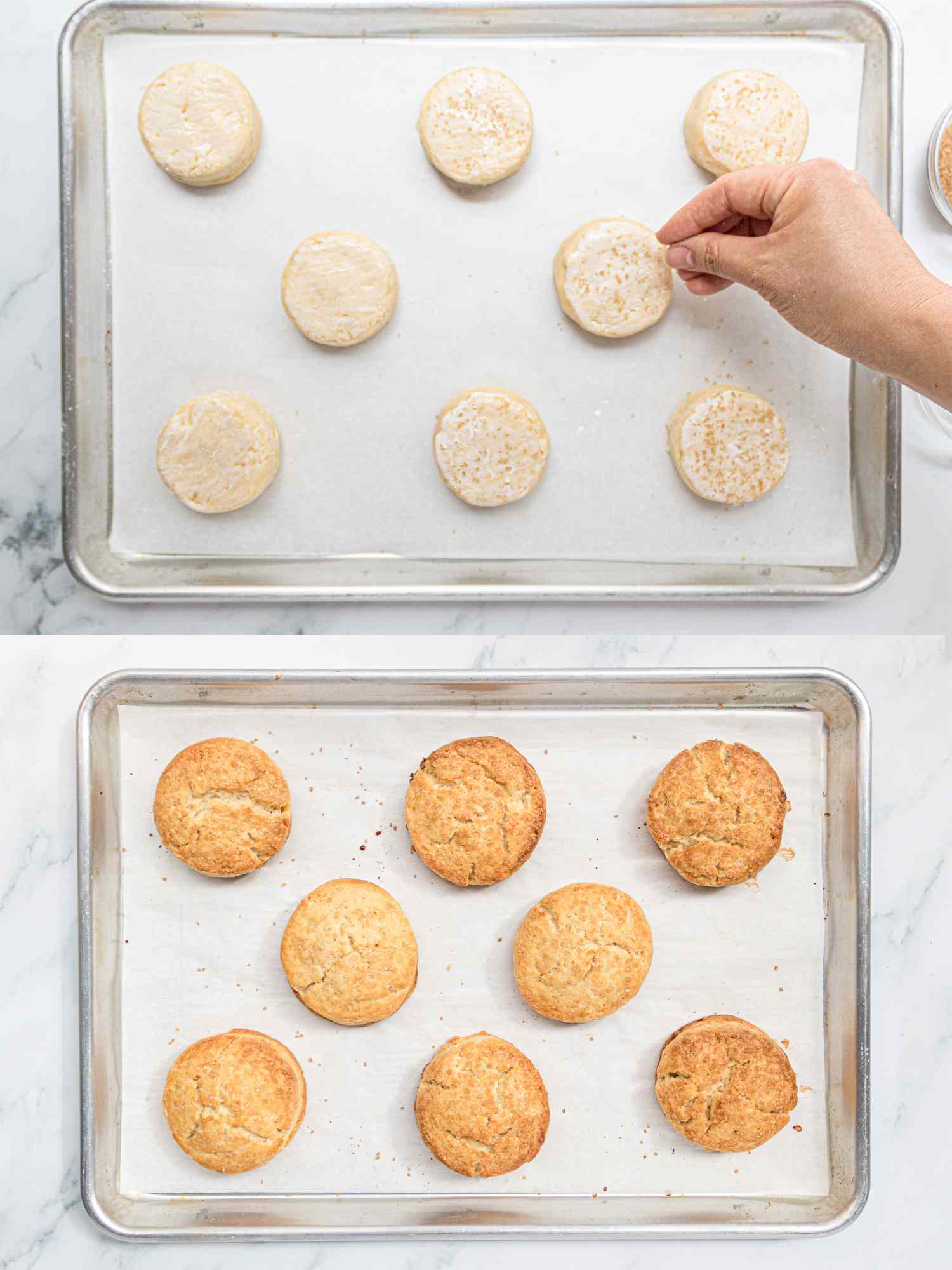 Two image collage of biscuits before and after in the oven