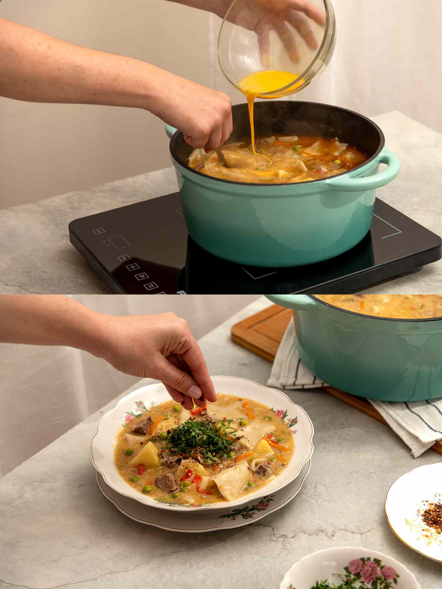 Two image collage of adding eggs to soup and garnishing a serving bowl