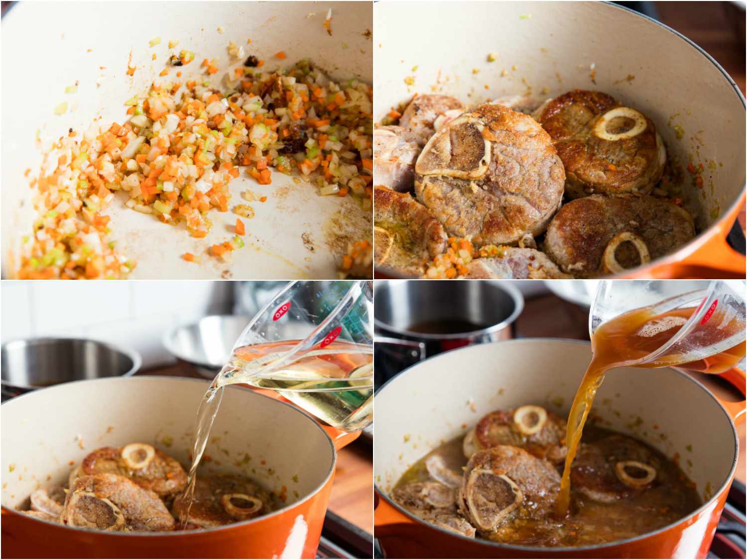 照片拼贴展示了煎香和添加棕色小牛肉小腿和烹饪液到荷兰烤箱的奥索布科。gydF4y2Ba