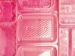 plastic clamshell containers on a pink background