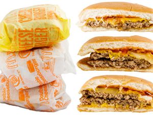 The McDonald's cheeseburger, double cheeseburger, and McDouble: individually wrapped and stacked and cross-section view of each unwrapped