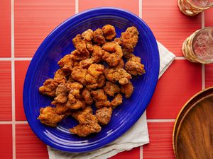 Taiwanese fried chicken on a blue plate