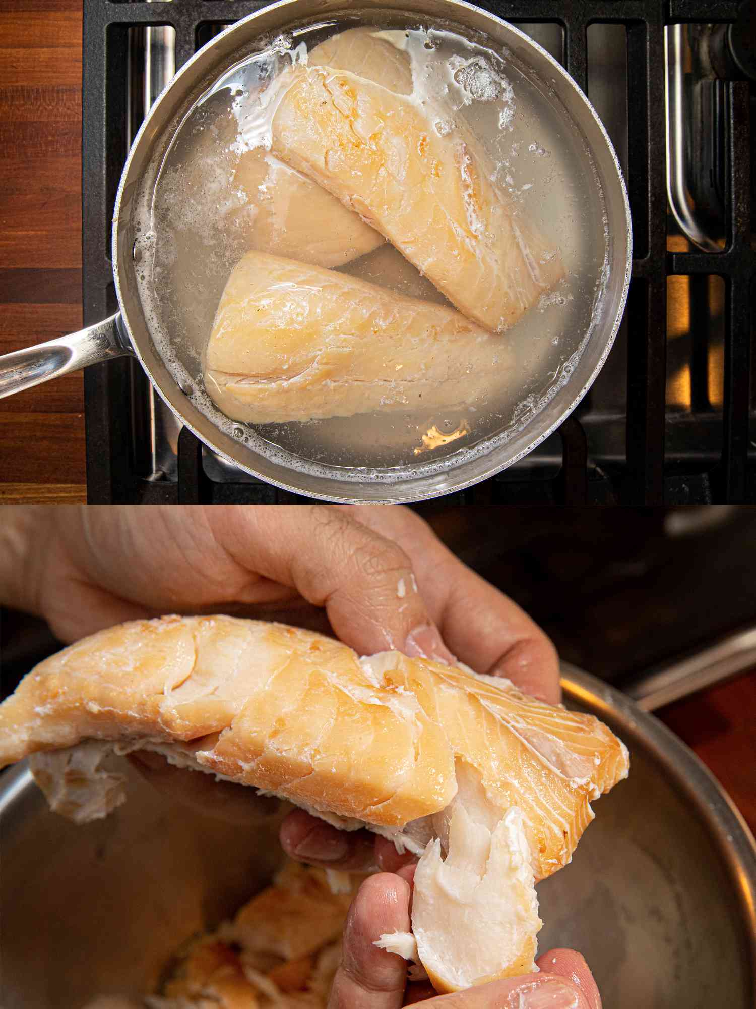 两个图像拼贴黑线鱼烹饪，然后黑线鱼剥皮