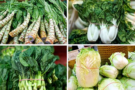 A four image collage of various Asian greens