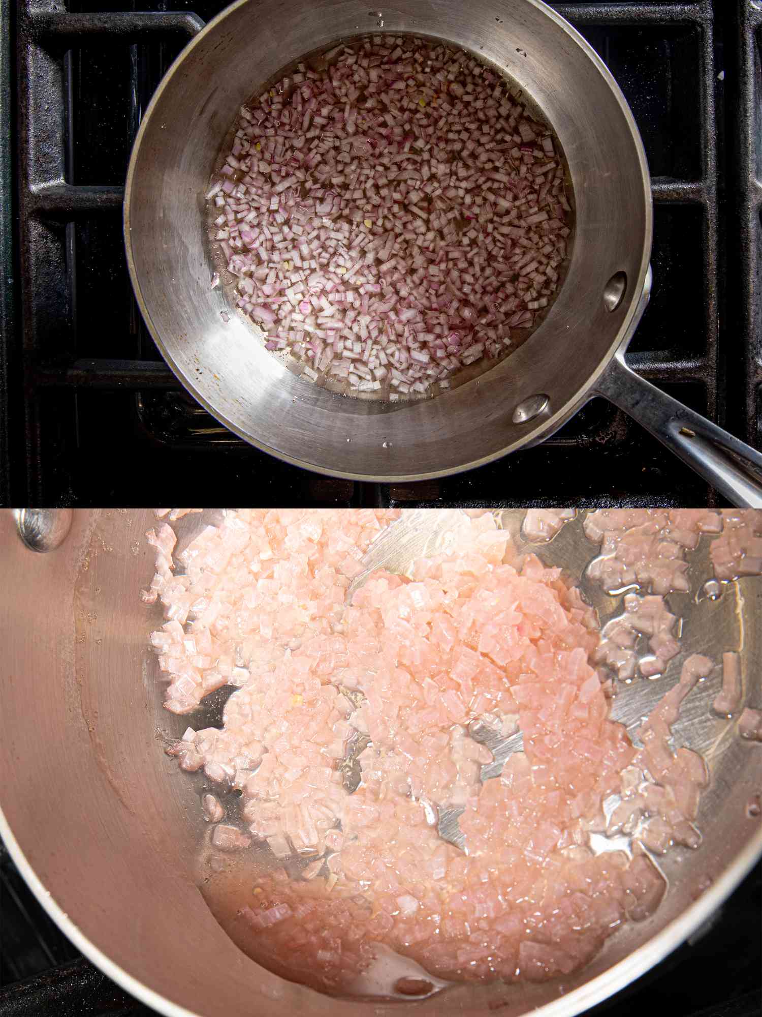 Two image collage of cooking shallots and the water left