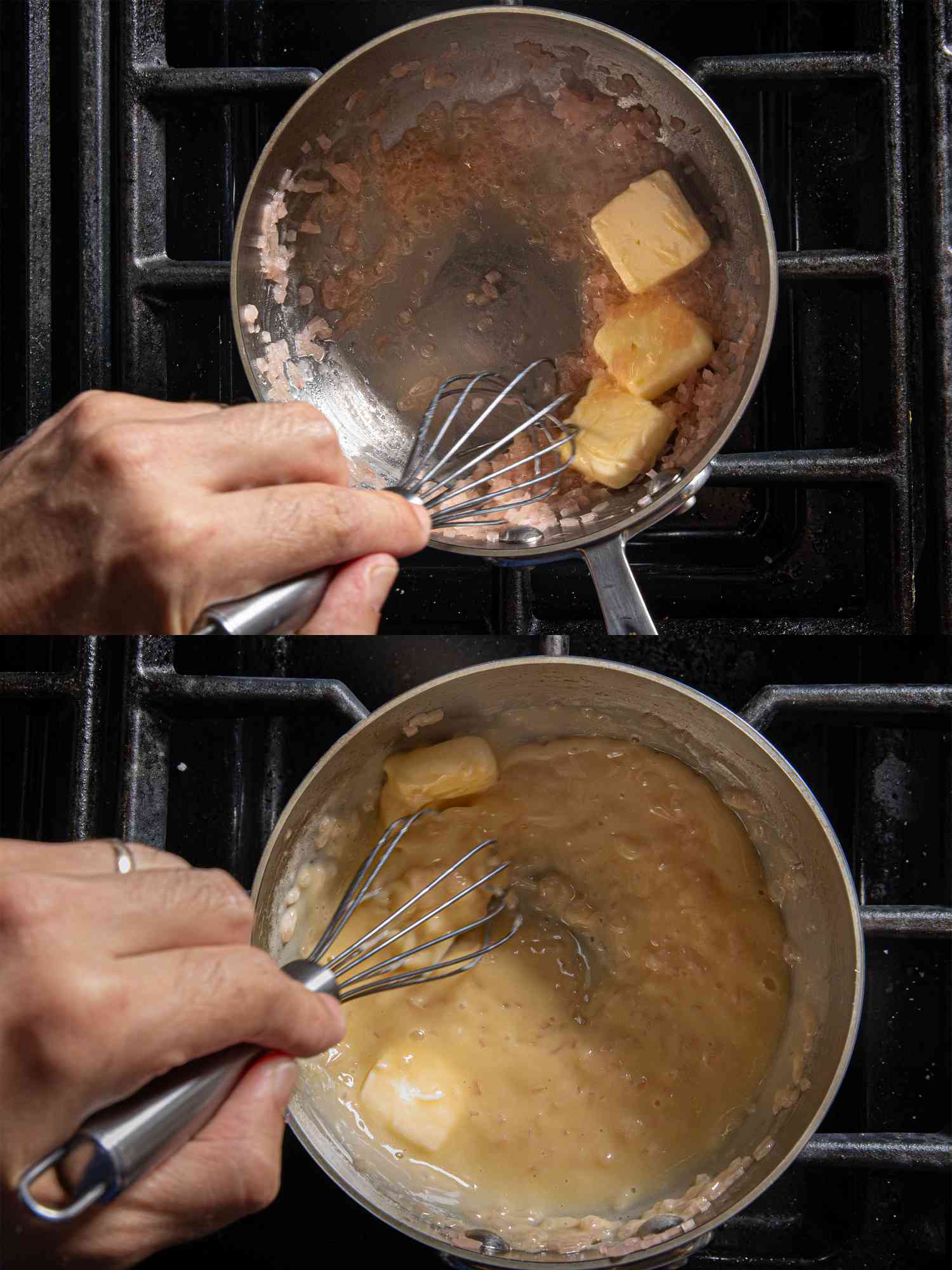 Two image collage of stirring butter